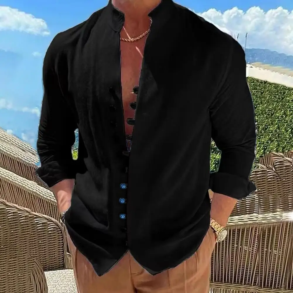 

Men Shirt Long Sleeve Cardigan Shirt Solid Color Thin Holiday Shirt
