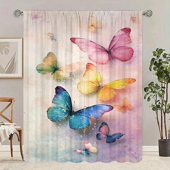 2 pezzi- Farfalla colorata - Tenda stampata - Materiale 100% poliestere, adatto per tende da camera da letto e decorazione del soggiorno. 1