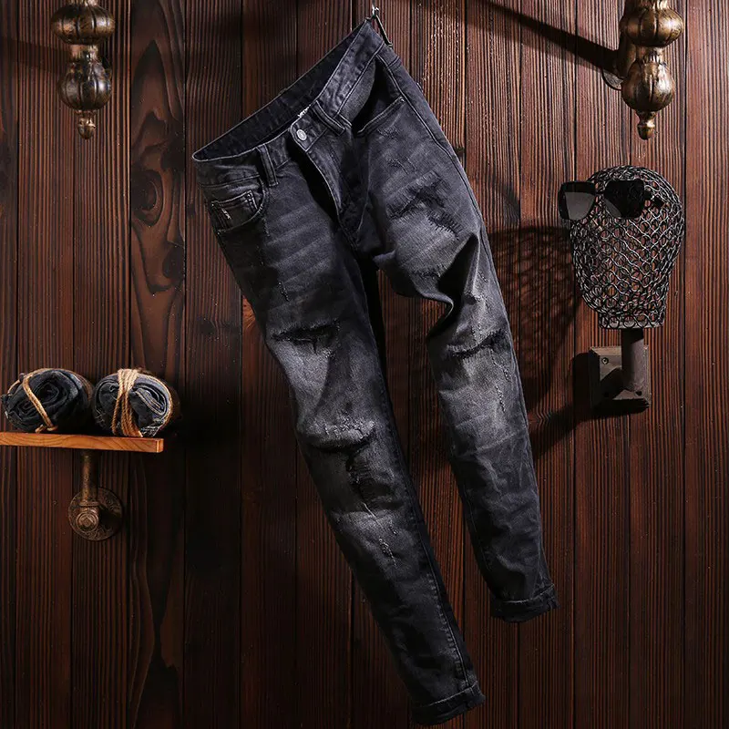 Street Fashion Men Jeans Retro Black Gray Stretch Slim Ripped Jeans Men Embroidery Patched Designer Vintage Denim Pants Hombre