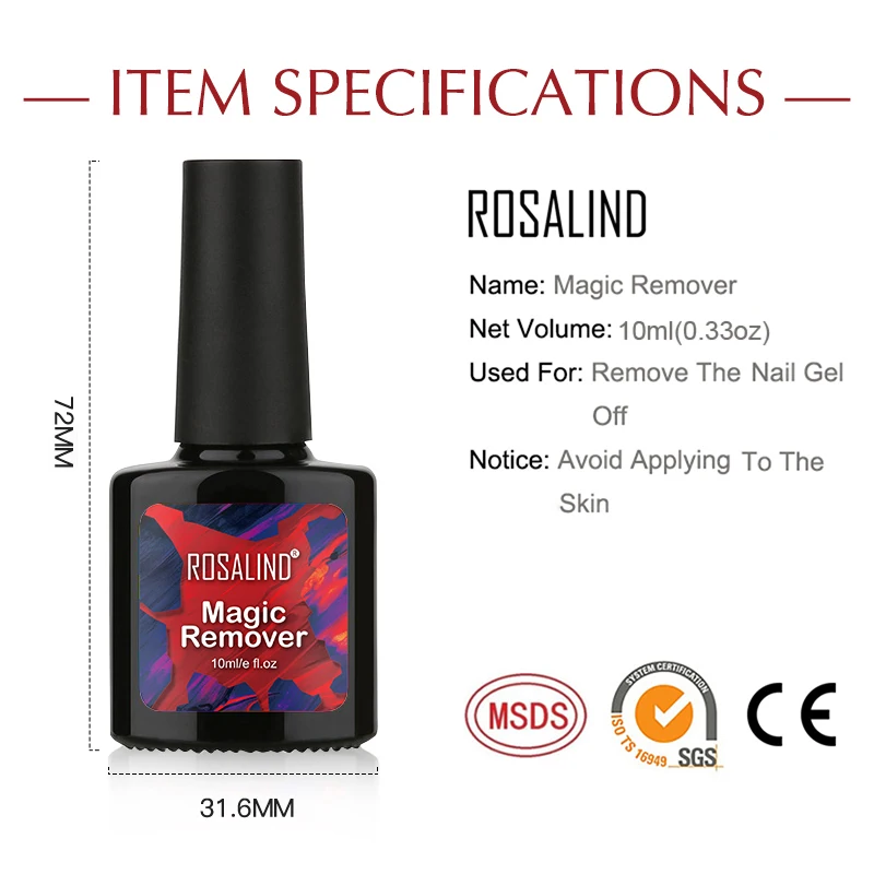ROSALIND 15ML Nail Polish Remover Magic Fast Remover Gel Polish Delete Hybrid Varnishes Acrylic Base Top Coat Clean