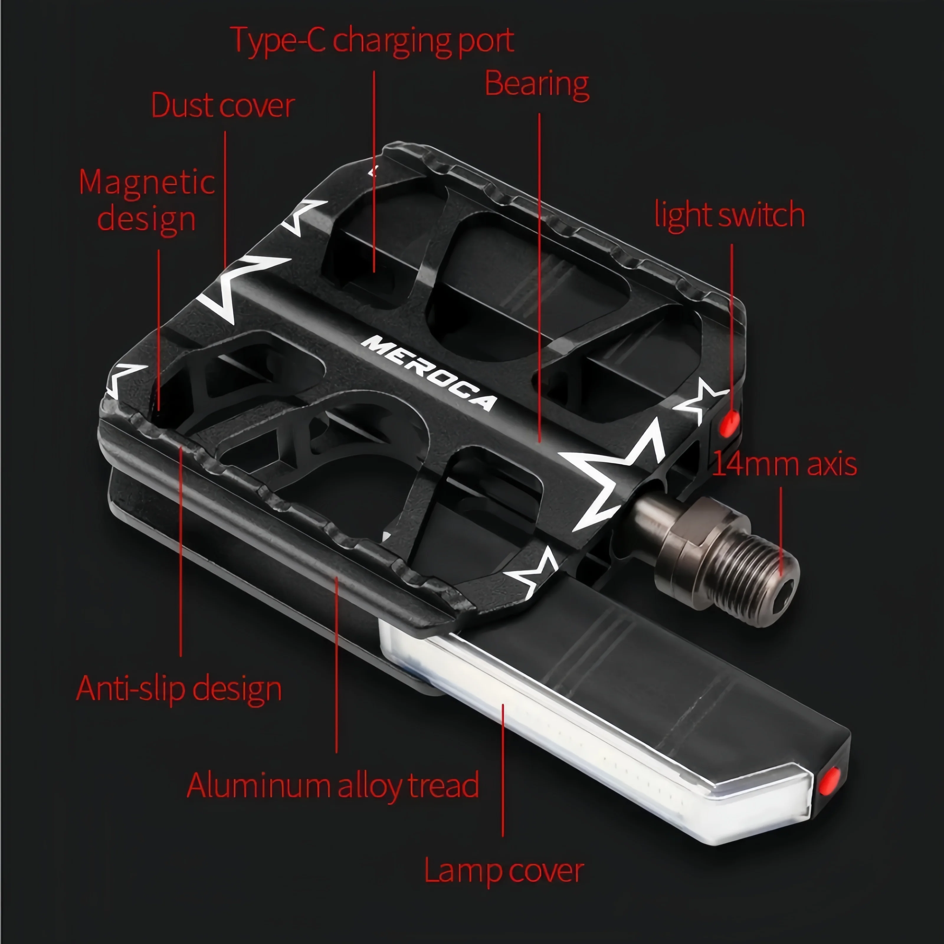 알루미늄 MTB 자전거 페달 3개의 밀폐형 베어링 블랙 LED 라이트 포함 9/16 퀵 릴리즈 자전거 페달 MTB 폴딩 바이크용
