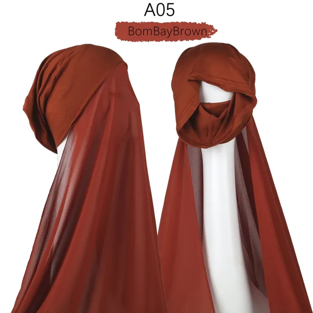 Muslim Women Heavy Chiffon Hijab Scarf With Bonnet  Instant Chiffon Hijabs Scarves With Caps Pinless Underscarf Headscarf A05