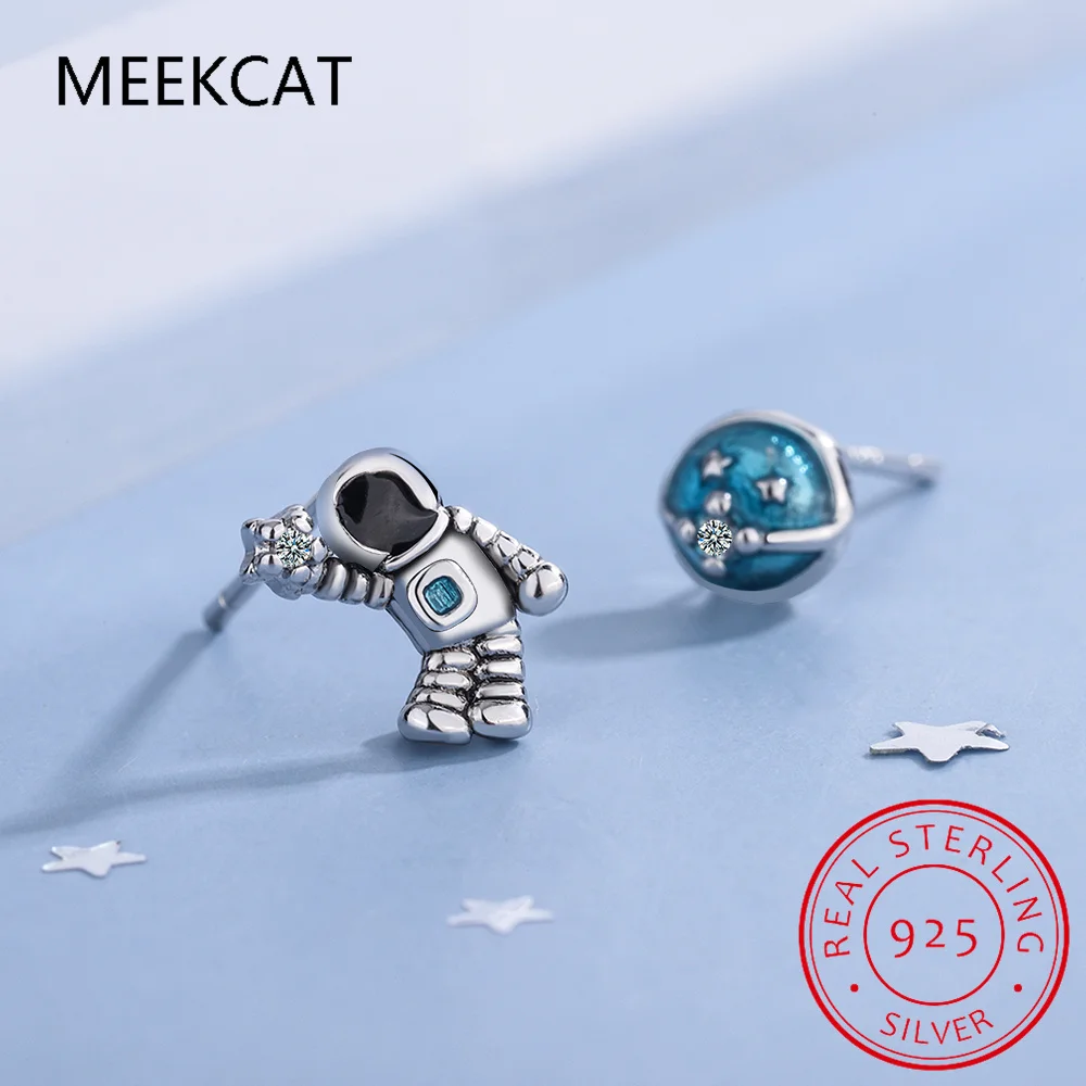 100% 925 Solid Real Sterling Silver Opal Astronaut Ear Stud Star Asimmetria Per Regalo Per Donne Ragazze Bambini Lady Jewelry Ds3501