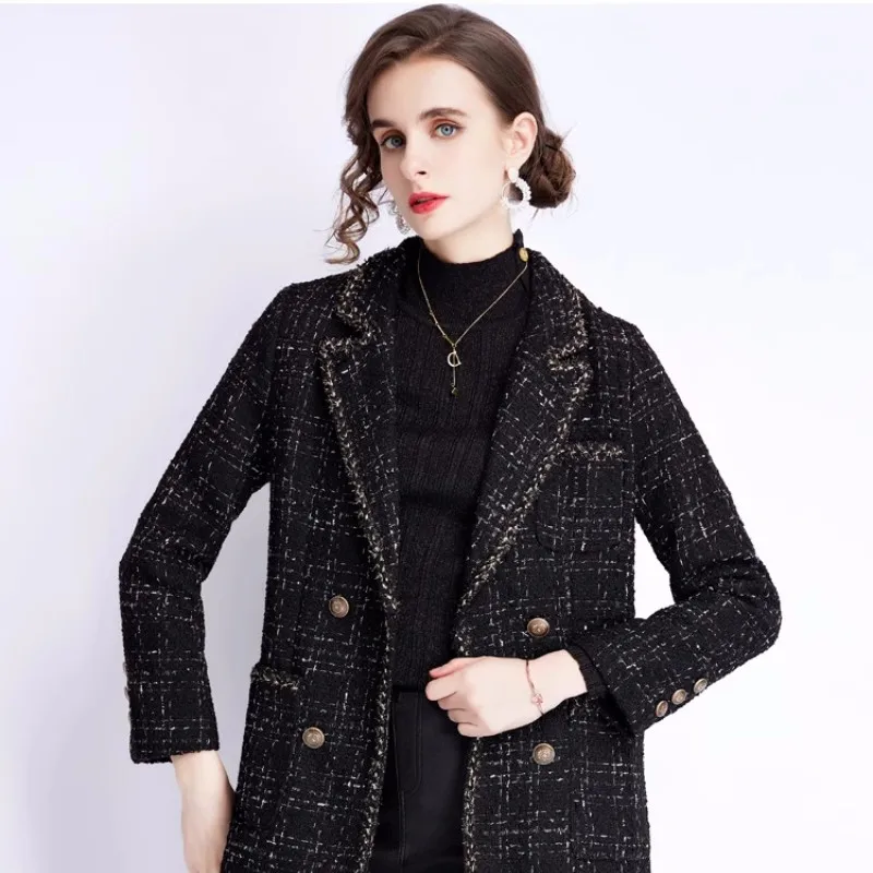 

Plaid Woolen Coat Women'S 2023 Autumn/Winter New High Grade Small Fragrant Wind Thick Flower Single Breasted Spliced Slim Fit Sm