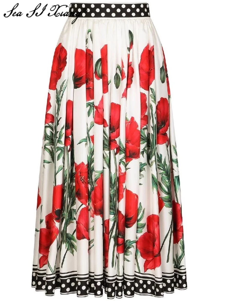 

Seasixiang Fashion Designer Summer 100% Cotton Skirt Women High Waisted Dot Flowers Print High Street Skirt