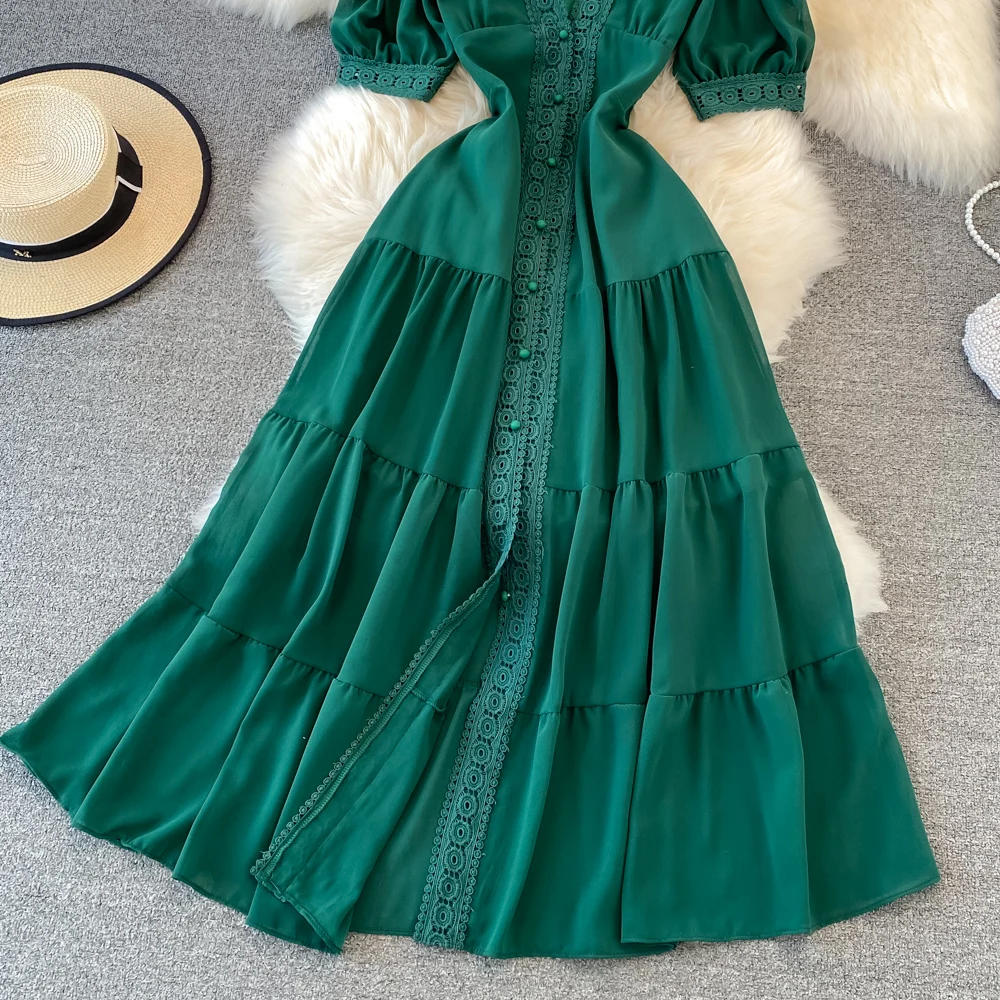 New Women Vintage Party Dress Summer Puff Sleeve Sexy V Neck Lace Single-breasted Long Dresses Ladies A Line Elegant Long Robe