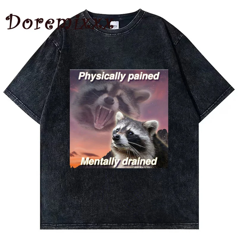 

Винтажная промытая футболка Racoon Meme, топы с коротким рукавом, готические футболки, Женская эстетичная футболка с графическим принтом Y2k, Мужская футболка оверсайз