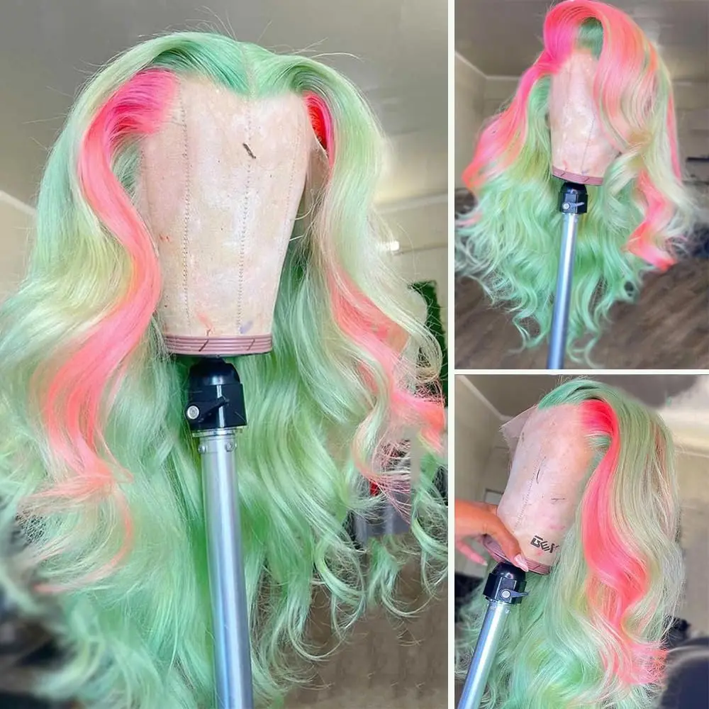 13x4 13x6 Pink Highlight Wig Remy Human Hair Green Body Wave 360 Lace Frontal Wig Transparent Lace Front Human Hair Wigs