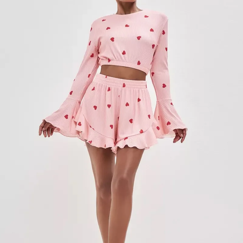 2024 Summer Pink Love Printed Waisted Pure Desire Slim Shorts Ladies Homewear Women's Two Pieces Set