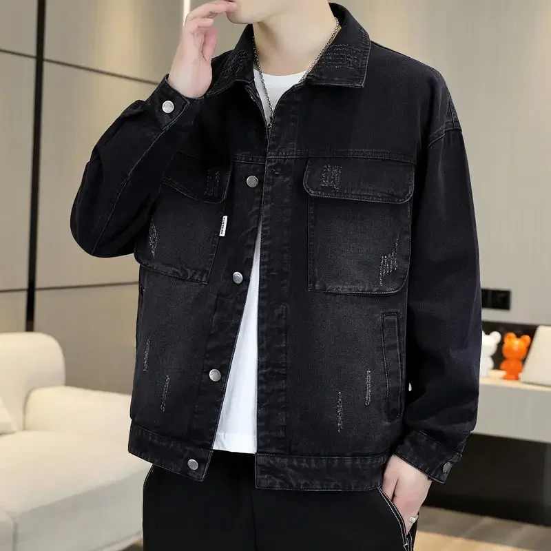 thumbnail image 1 of Chaqueta vaquera con botones rotos, abrigo vaquero holgado para hombre con agujero, ropa de abrigo de invierno estética de moda a bajo precio de marca para hombre, 1 of 4