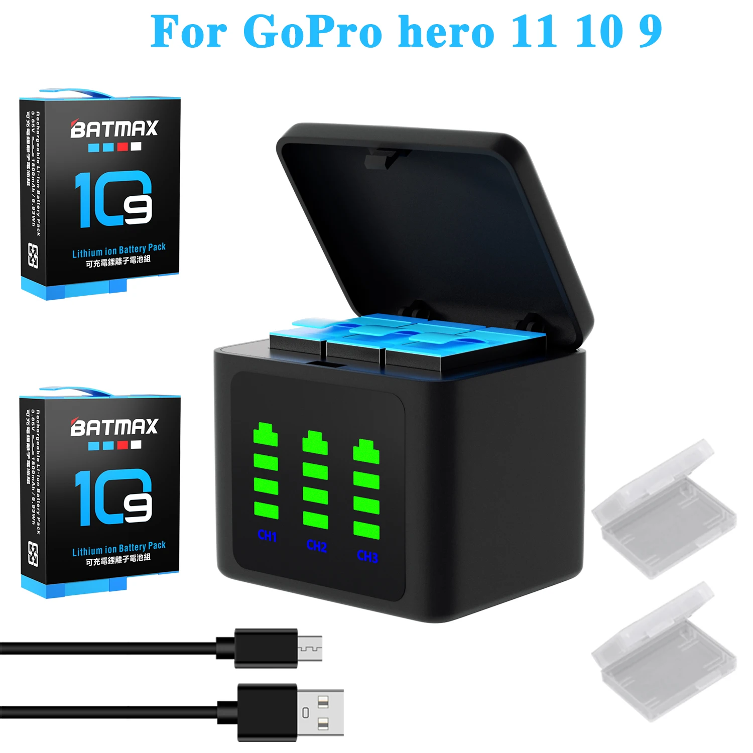 Hero 9 10 11 12 Batteria Batmax Per Go Pro Hero 10 Hero 11 Fotocamere Nere + Caricatore Rapido Di Archiviazione Per Fotocamera Gopro Action Sports