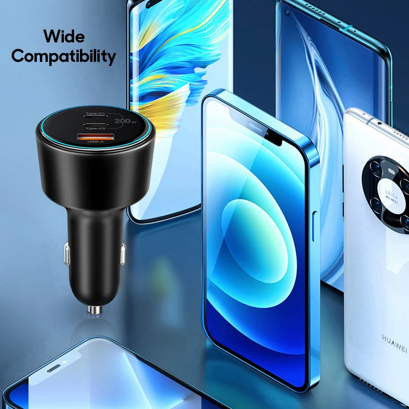 Car Charger 200W Car Charger 3-Port Quick Charge 3.0 USB C PD 100W PPS 45W Super Fast Charging for MacBook Pro iPhone 15 Samsung S23