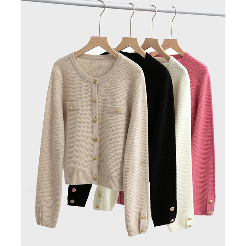 

100% sheep wool small fragrance cardigan women's knitted coat autumn and winter top sweater 2022 new 300g