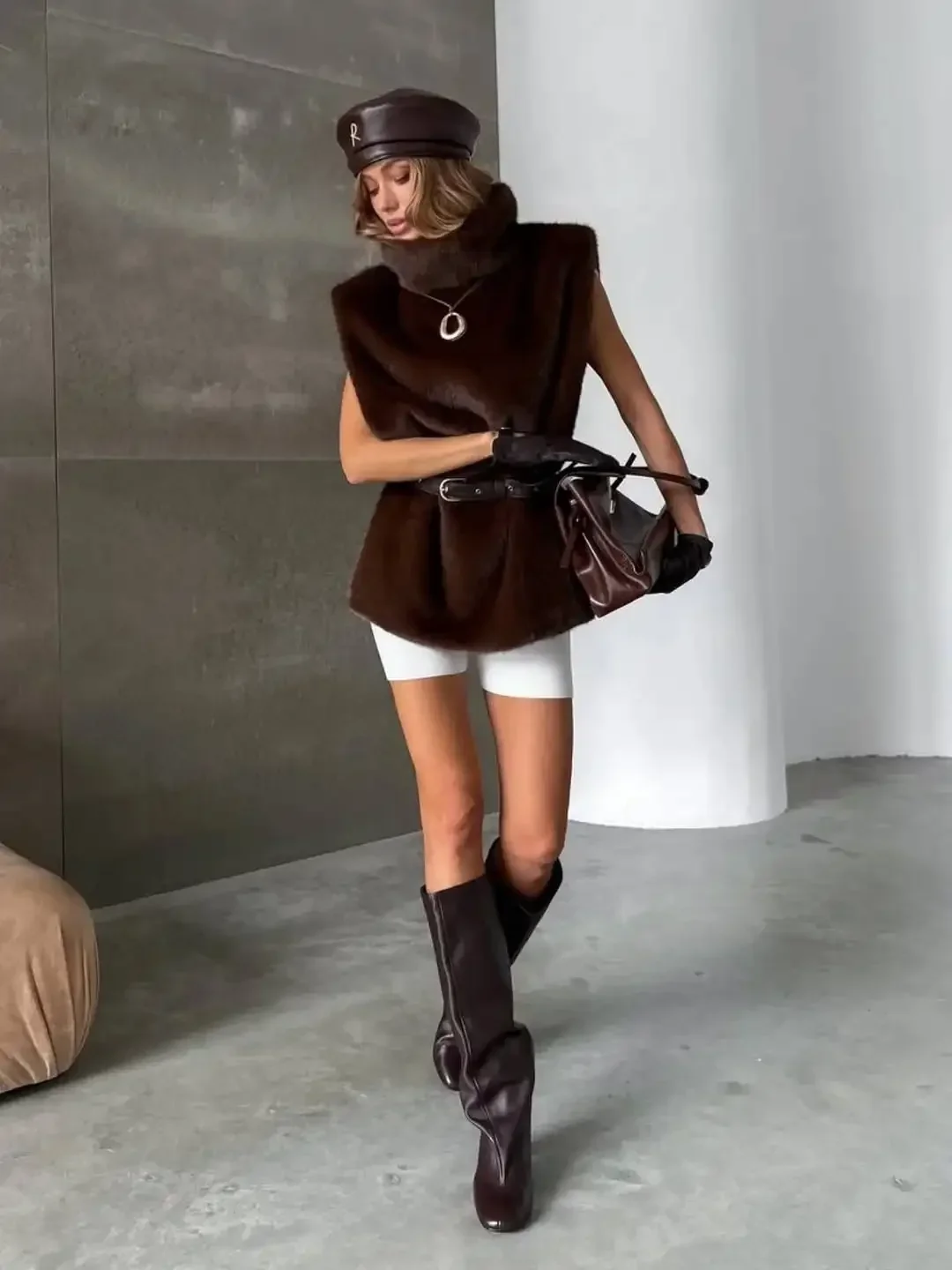 Casual Stand Collar Solid Fur Vest Women Chic Sleeveless Waist Cinching Lace Up Thick Top Fashion Lady New Business Commute Tops