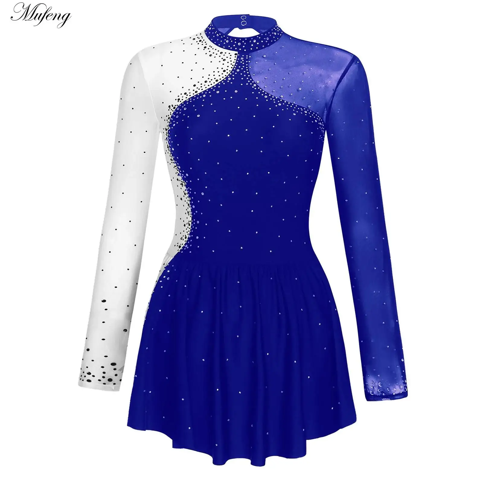 

Womens Figure Ice Skating Leotard Dress Long Sleeve Sheer Mesh Rhinestone Ballet Lyrical Dancewear Rhythmic Gymnastics Leotard