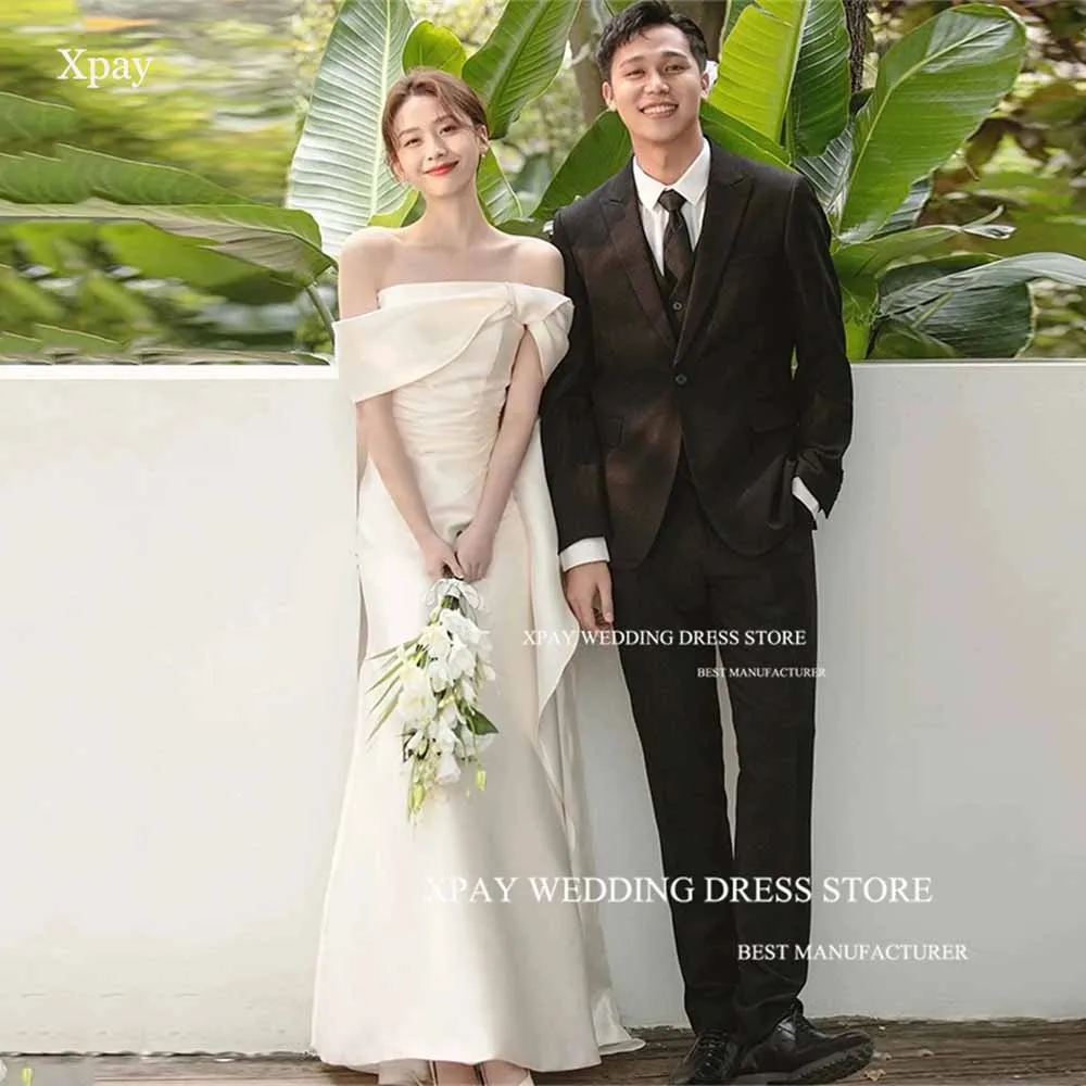 

XPAY Elegant Off Shoulder Korea Mermaid Wedding Dresses Soft Satin Backless Bridal Gown Photos Shoot Custom Made Bride Dress