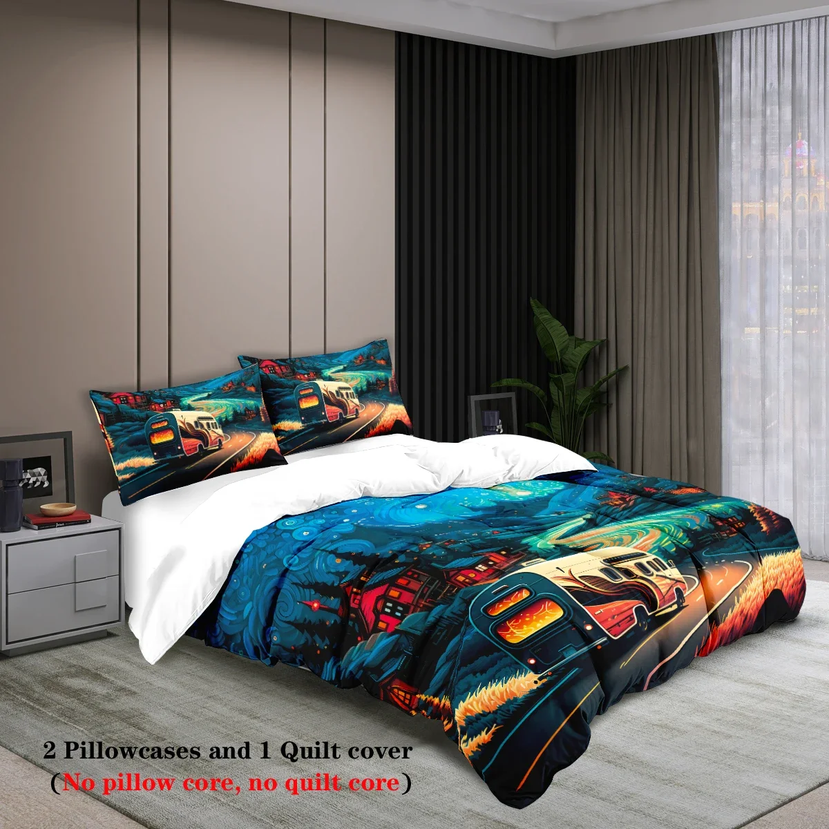 3-piece set, camping pattern printed duvet set, queen, king, double bed, party  funny and creative bedding set