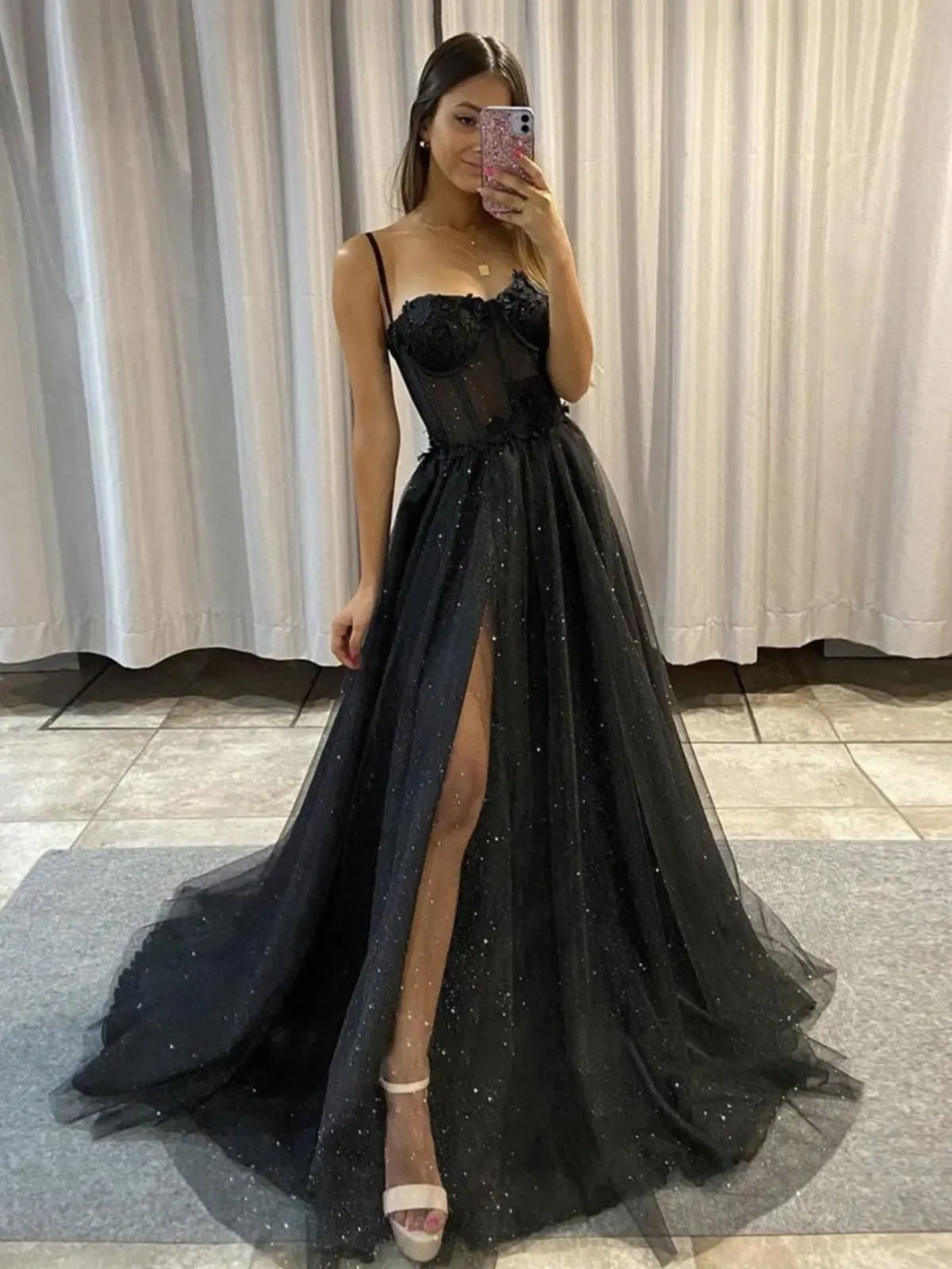 

Black Glitter A Line Tulle Prom Dresses Spaghetti Straps Sweetheart Bones Side Slit 3D Flowers Long Evening Gowns