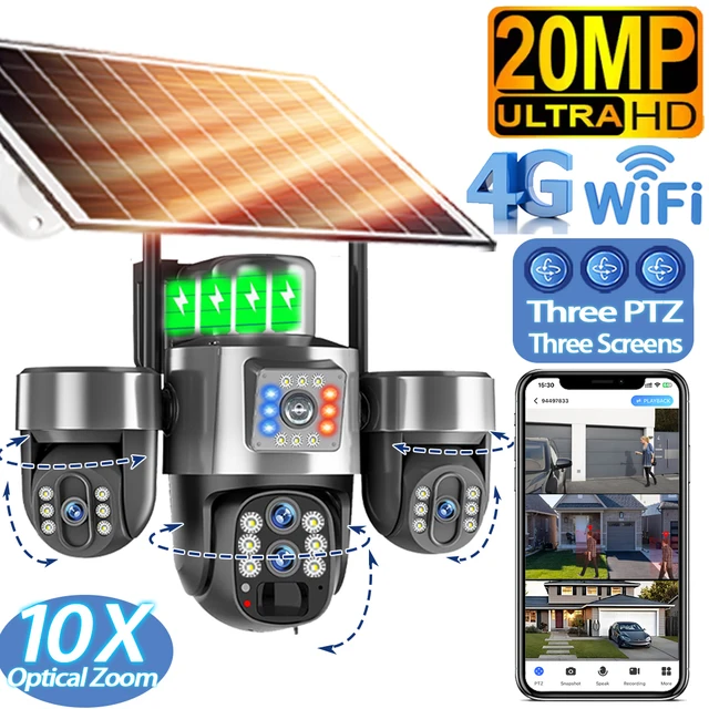 Caméra solaire 20MP 4 objectifs 4G, Zoom optique 10X, 3-PTZ, WiFi extérieur, trois écrans, suivi automatique, caméras de Surveillance WiFi V380 Pro 1