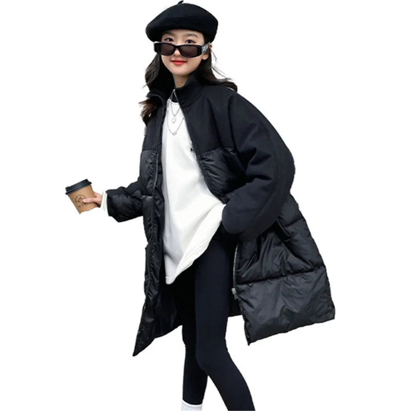 

Fashion Teen Girls Cotton Outerwear Jackets Korean Long Style Black Patchwork 2023 Winter Windbreaker for Kids 5 To 14Years Old
