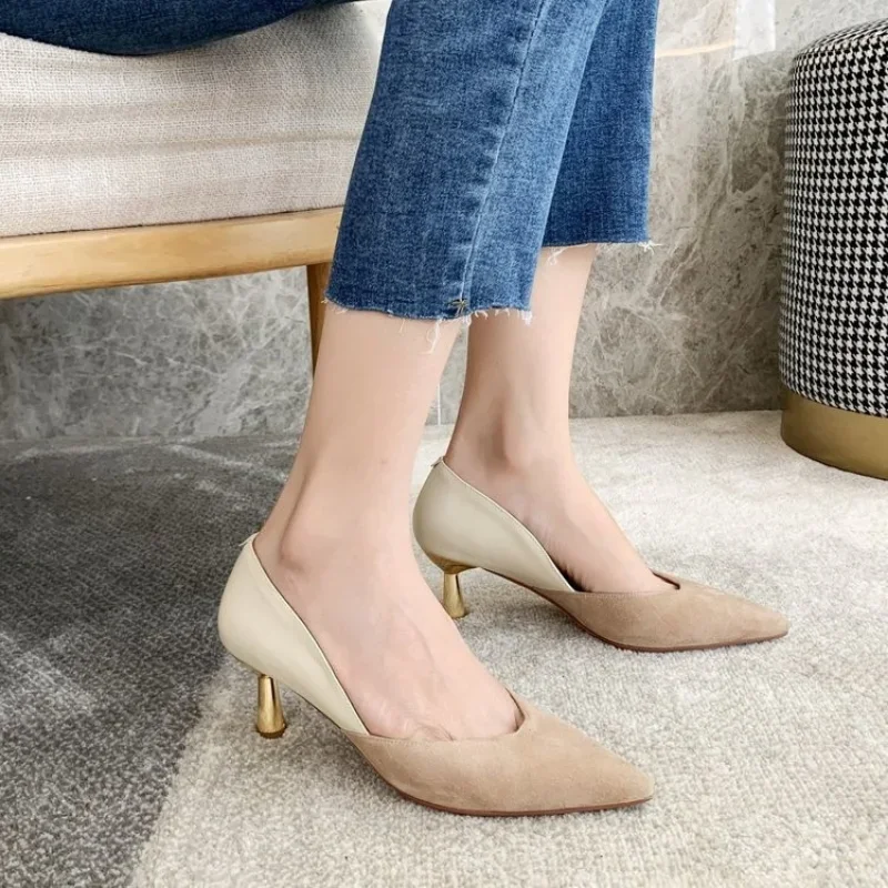 French High Heel Shoes Women's Spring Autumn 2023 New Slim Heel Pointed Mix Colors Work Pumps Retro Shallow Fashion Single Shoes