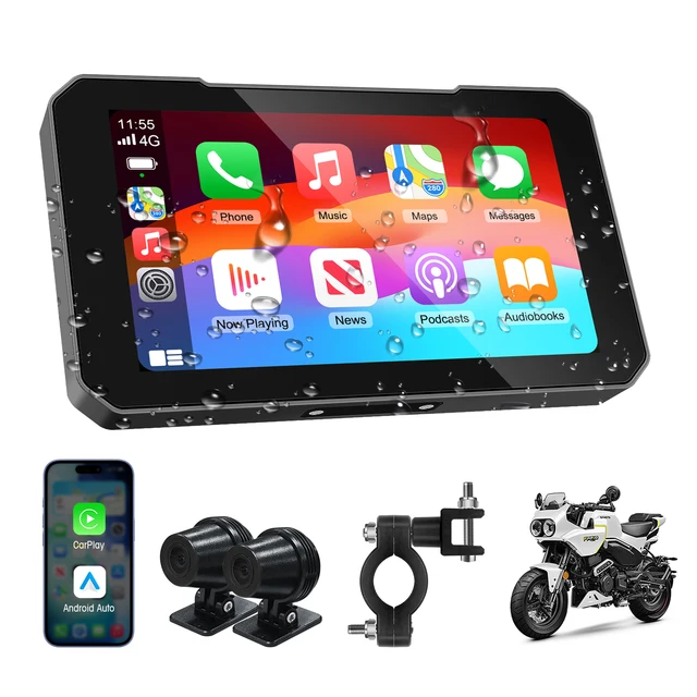 Touch Screen Motorcycle CarPlay Screen Navigation IP67 Waterproof Display Screen Portable Motorcycle Monitor Dual Camera Record