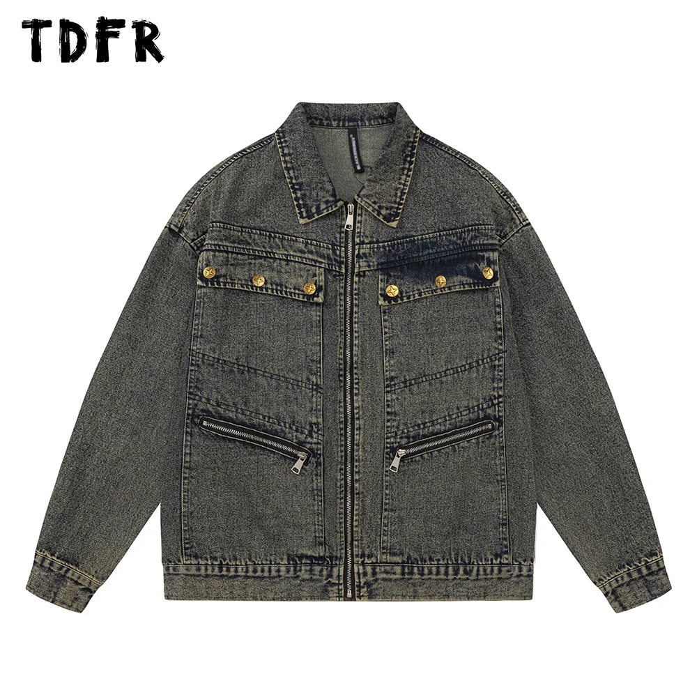 

Zipper Pocket Denim Jacket with Rivets Mens Autumn Washed Distressed Casual Streetwear Loose Lapel Long Sleeve Outerwear Men