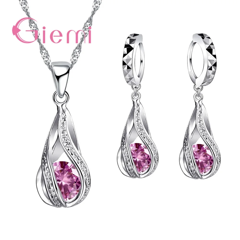 100% 925 Sterling Silver New Water Drop Cubic Zircon Pendant Necklace&Earrings For Women Ladies Jewelry Sets Wedding 3