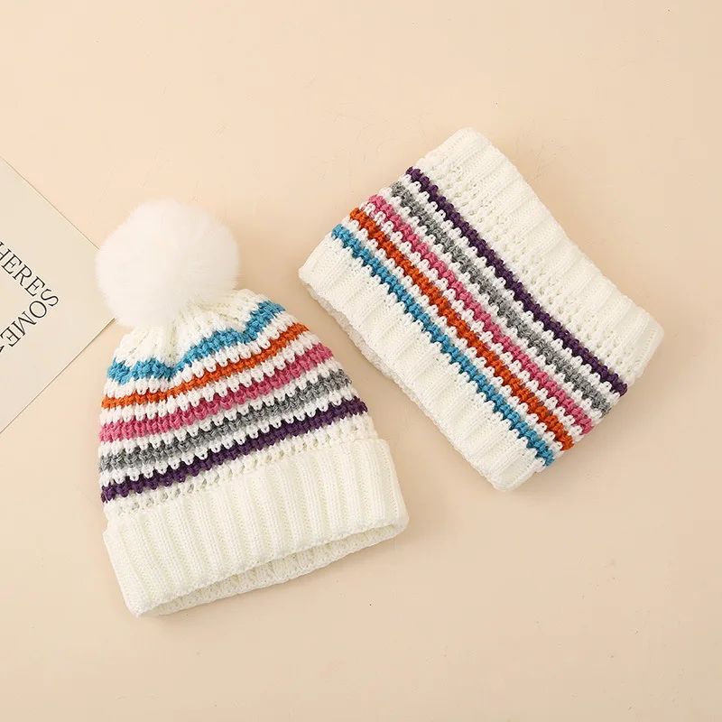 New Autumn Winter Children Hat Scarf Set Kids Wool knitted Hat Collar For Boys Girls Velvet Colored Striped Woolen Cap