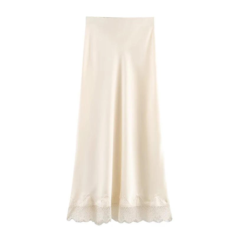 Willshela Women Fashion Solid Lace Side Hem Pleated A-Line Midi Skirt Vintage High Elastic Waist Female Chic Lady Skirts - Image 5