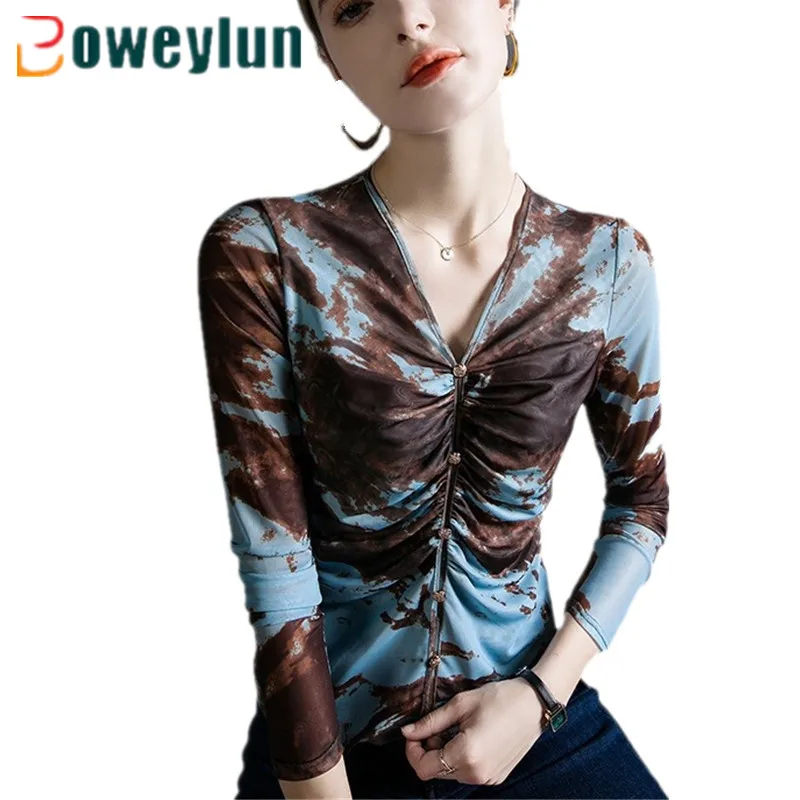 

Boweylun Pleated Splicing V-Neck Long Sleeve T-Shirt Spring and Autumn Stretch Mesh Tie-Dye Printed Top Bottom Shirt Women