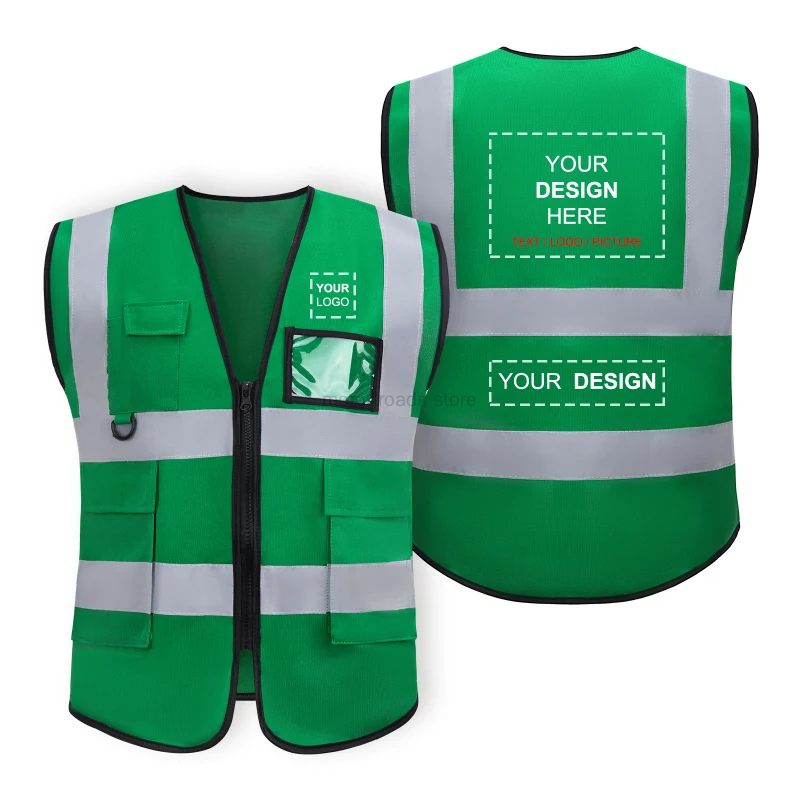 Custom Reflective Vest Green Safety Workwear Custom Logo Construction Vest High Visibility Signal Vest With Zipper And Pockets
