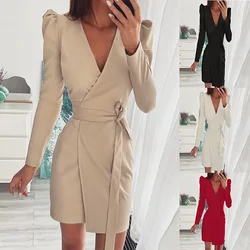 Outono sólido escritório senhora vestido de festa feminino elegante decote em v cinto lateral blazer mini vestido casual manga longa vestido irregular