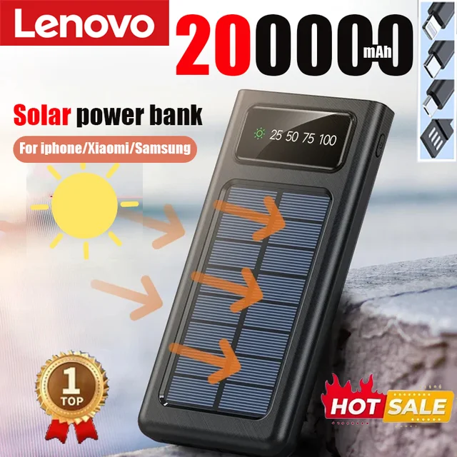 Lenovo 200000mAh Solar Power Bank Built Cables Solar Charger 2 USB Ports External with LED Light Super Fast Charger Power Bank 1
