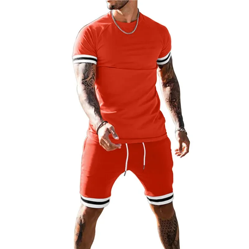 Football Sports Set Men Round Neck Short-sleeved Sports Suit Casual Outdoor Fitness Big Size Color Matching Two-piece Set