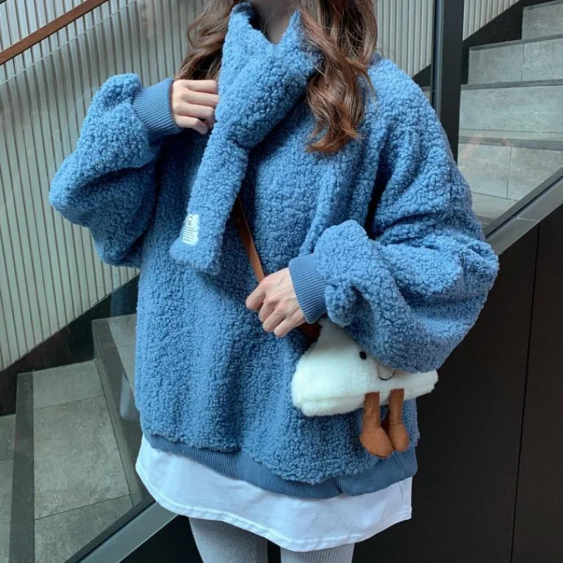 Women Fake 2 Pieces Fluffy Hoodies With Scarf Plus Velvet Fleece Sweatshirt Harajuku Street Fashion Sudaderas Top Autumn Winter denim skirt women s summer high street blue live shoot large size women s fat and fake two piece splice with broken holes and ra