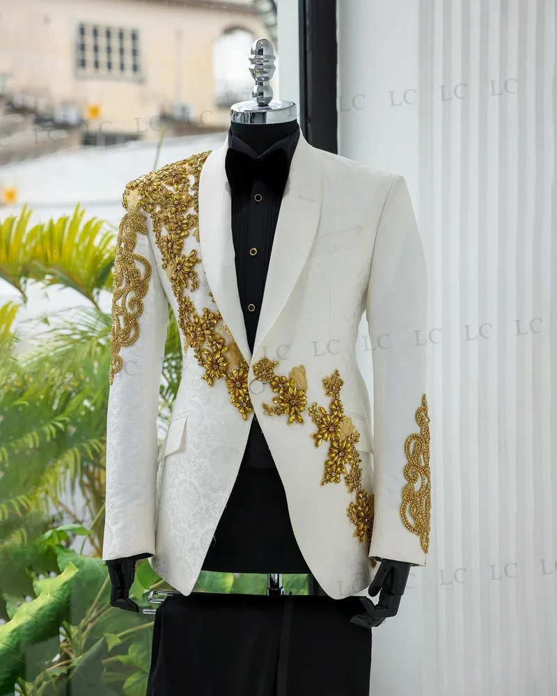 Men's Jacquard Suits 2 Pieces Blazer Pants One Button Diamonds Beadings Appliques Prom Formal Wedding Groom Plus Size Tailored