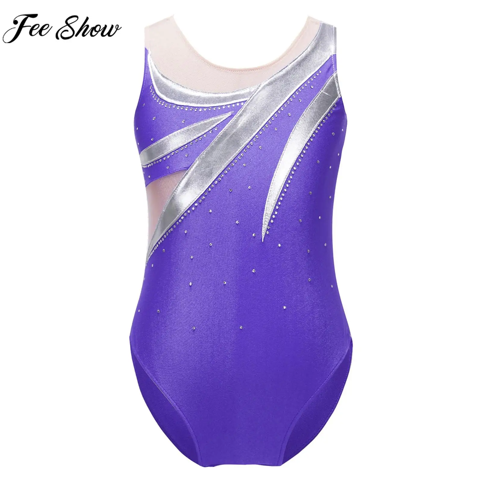 

6-16Y Girls Figure Ice Skating Costume Ballet Dance Gymnastic Leotards Dancewear Sleeveless Shiny Rhinestone Sheer Mesh Bodysuit