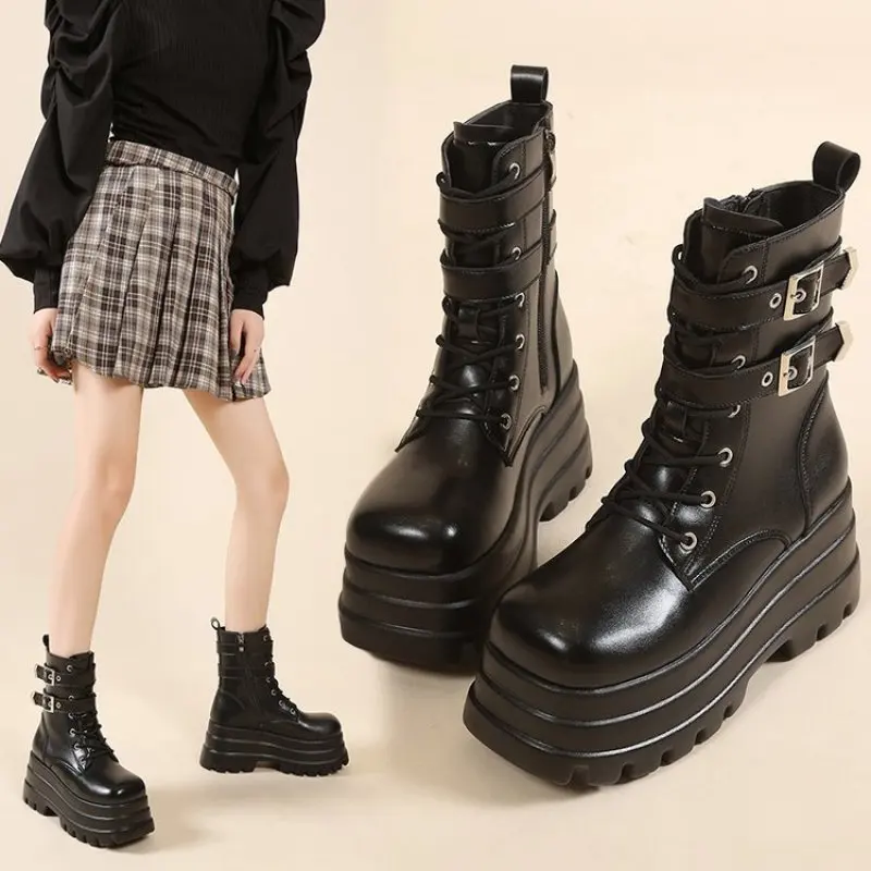 Black Patent Leather Boots For Women Platform Faux Leather Ankle Boots Thick Bottom Fashion New Spring and Fall Plus Size 41 42