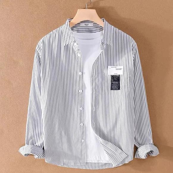 

Men's Long Sleeve Comfortable Fashion Slight Strech Casual Striped Dress Shirt Without Pocket Standard-fit Wrinkle Shirts B33