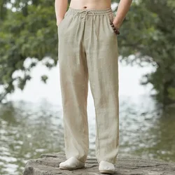 Men's Casual Cotton Linen Beachwear Jogger Pants - S 50-60 KG (Light Khaki)