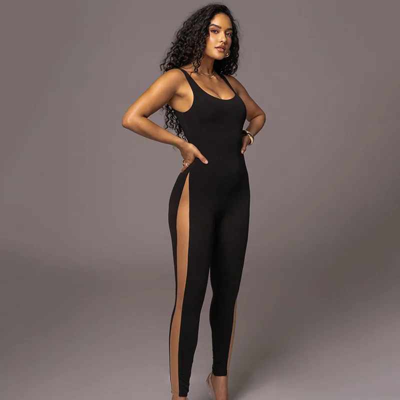 Spring New Women's Slim-fit U-neck Suspender Jumpsuit Summer Fashion Mesh Splicing Sexy Slim-fit Sleeveless Yoga Trousers