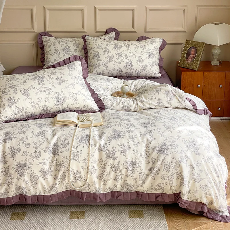 

Small Fresh Floral Ruffles Bedding Set, 100% Cotton, Single, Queen, King Size, Flowers Duvet Cover, Bed Sheet, Pillowcases