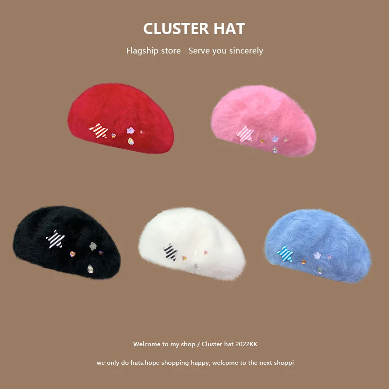 

Japanese Sweet Star Rhinestone Imitation Rabbit Hair Beret Hats Women Autumn and Winter Niche Ins Warm Versatile Painter Cap