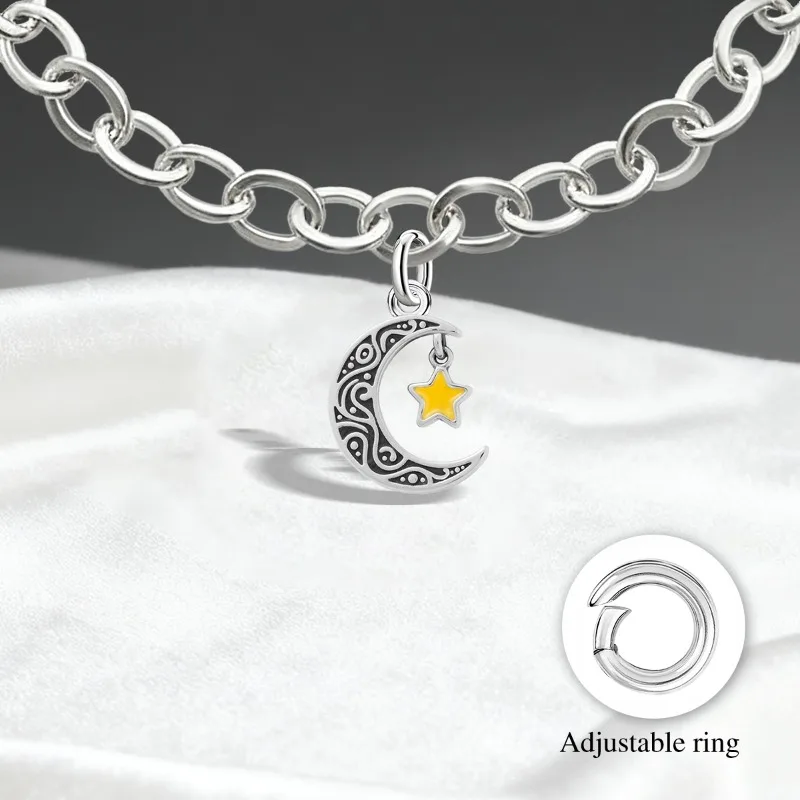Verstellbare 925 Sterling Silber Vintage Anhänger Stern Mond Turm Charms Perlen Passend für Original Armband Armreif Halskette DIY Schmuck – Detail 12