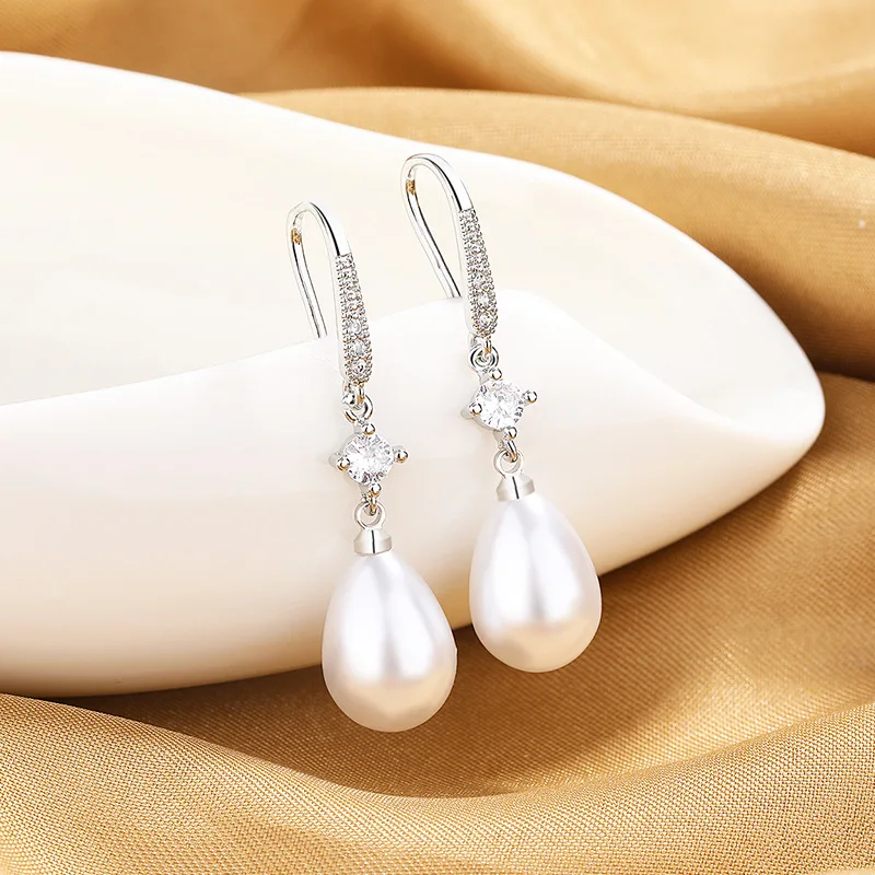 

New Long Teardrop Pearl Inlaid Zirconia Earrings for Women Fine Jewellery Birthday Anniversary Gift Free Shipping