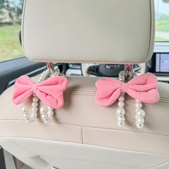 2pcs Car Rear Seat Hook White Pearl Cute Bow Hanger Hook Closed Design Auto Hook Stainless Steel Headrest Hooks Car Accessorie