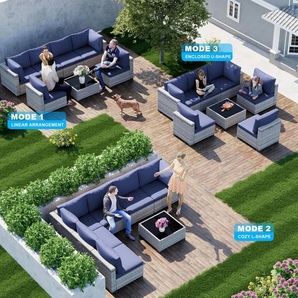 Modular Outdoor Sectional Wicker Patio Conversation Set w/ 2 Pillows, Coffee Table, Cover, Garden Sofas 6