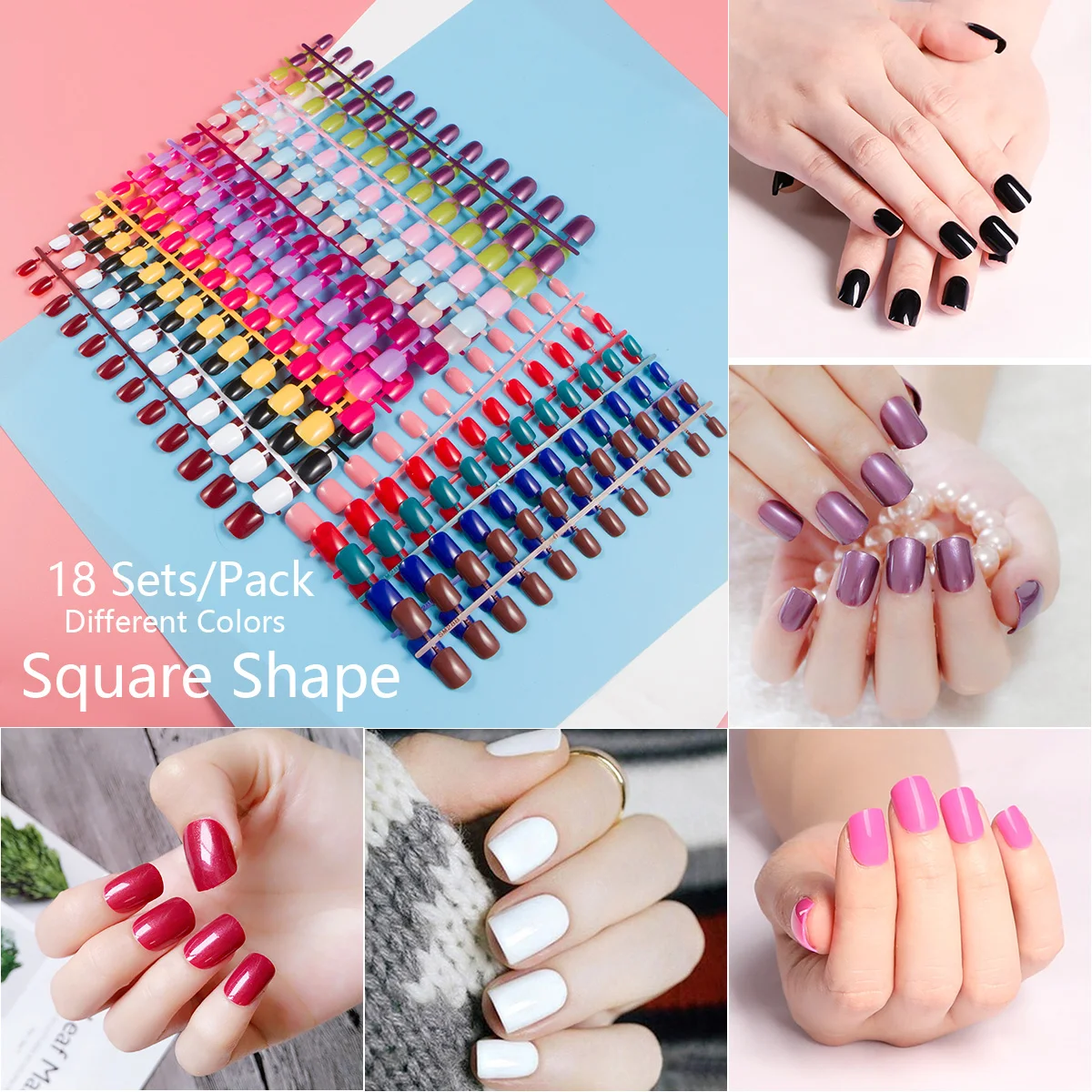 Uñas postizas en 18 colores variados, uñas acrílicas cortas, cuadradas,  redondas, de cobertura completa, puntas de Stiletto de almendra,  prensatelas|Uñas postizas| - AliExpress