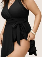 Plus Size One Piece Swimsuit Women Solid Swimwear Tummy Control Bathing Suits Bandage Cover Up Swim Dress - Image 3